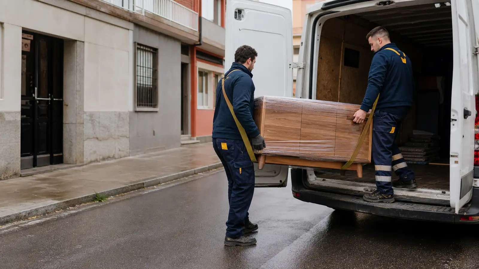 Dos profesionales cargan un mueble protegido en una furgoneta en una calle de Gijón