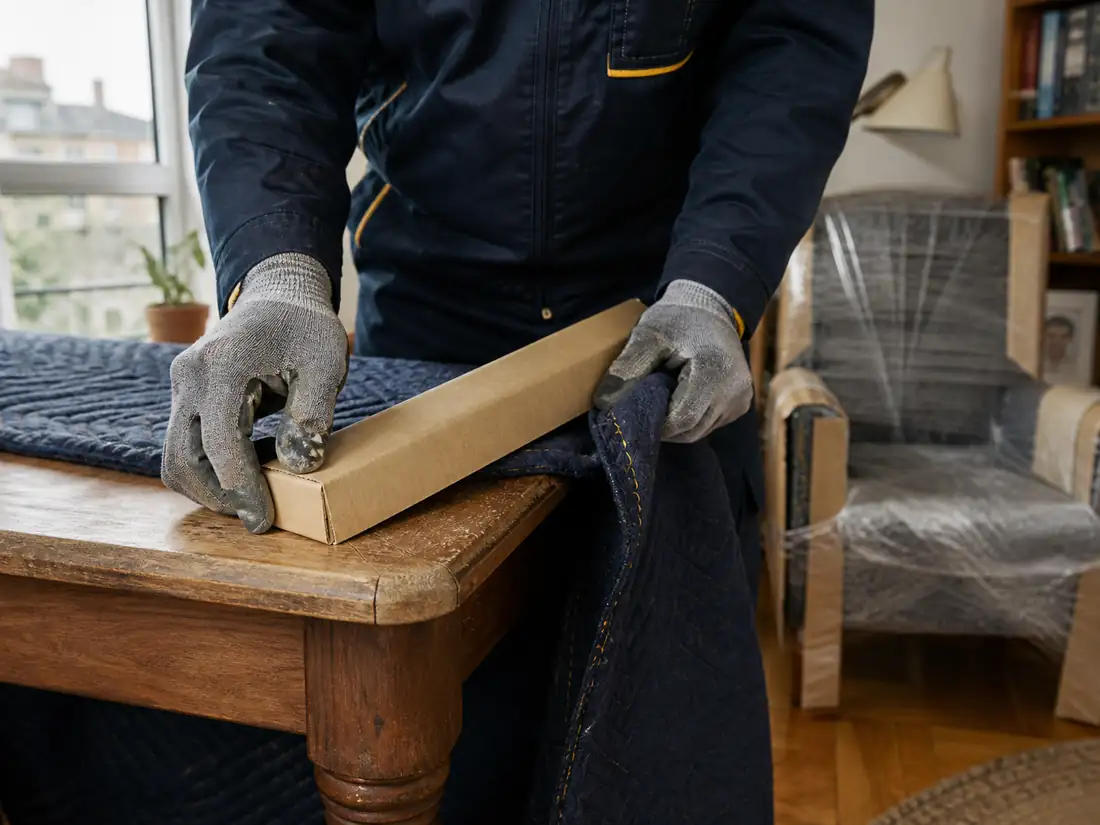 Detalle de unas manos protegiendo la esquina de un mueble de madera para su traslado