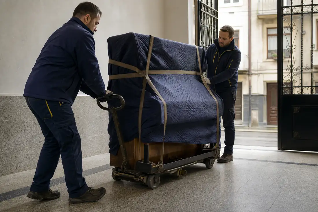Dos profesionales trasladan un piano vertical protegido sobre un carro especializado